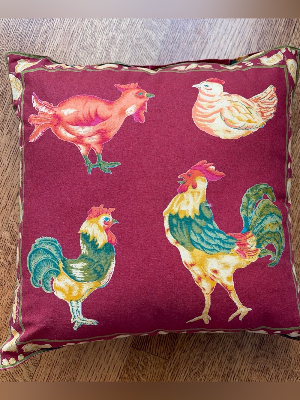 Vtg April Cornell Rooster Hen Throw Pillow Red Double-Sided Country Farmhouse
